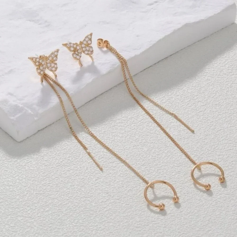 2pcs Cubic Zirconia Butterfly Decor Chain Linked Earring Yellow Gold Jewelry - Picture 4 of 6